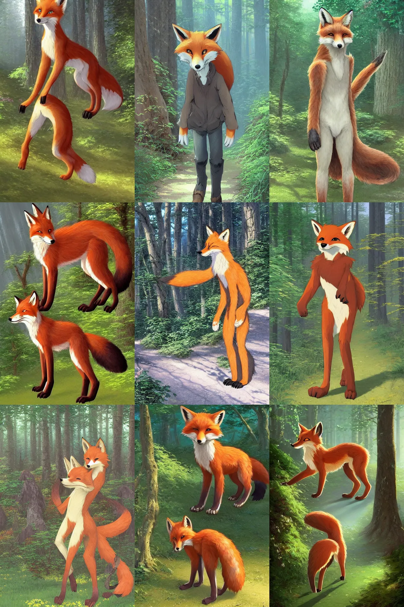 Prompt: anthro digitigrade natural - colored fox person!!!! with black paws and long tail, walking upright in a forest, fursona!!!!, furry!!!! fandom!!!!, ( ( thomas kinkade ) ), ( ( makoto shinkai ) )
