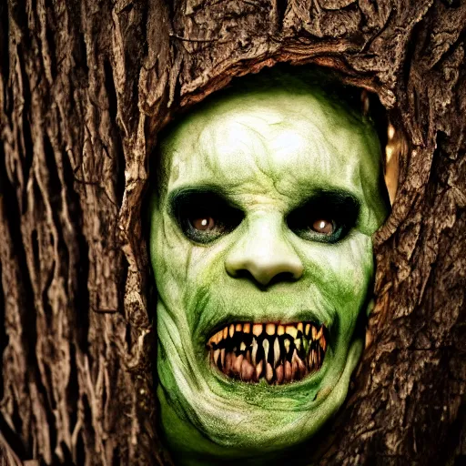 Prompt: an angry pale corpse trapped within a tree trunk, horror, photography, hyper realistic, daytime, gloomy forest, nightmarish