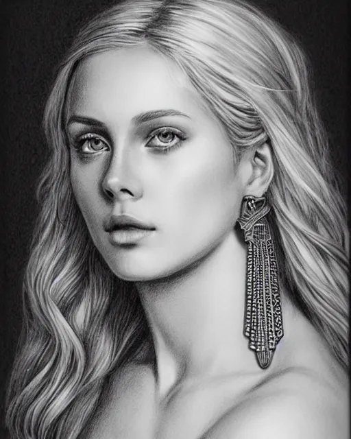 Image similar to pencil drawing of a beautiful greek goddess aphrodite with arrowhead earrings, beautiful piercing eyes, beautiful blonde hair, hyper realistic face, in the style of greg rutkowski, fantasy, amazing detail, epic, elegant, smooth, sharp focus, from the front