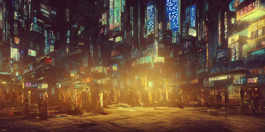 Image similar to Photorealistic cyberpunk mosque in crowded Tokyo night. Hyperdetailed photorealism, UHD, amazing depth, glowing rich colors, golden ration, 3D octane cycle unreal engine 5, 3d shading, cinematic lighting, artstation concept art