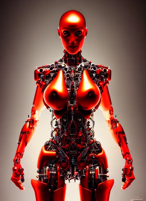 Image similar to organic cyborg full frontal torso close-up, vivid red satin plastic, diffuse lighting, fantasy, intricate, elegant, highly detailed, lifelike, photorealistic, digital painting, artstation, illustration, concept art, smooth, sharp focus, art by John Collier and Albert Aublet and Krenz Cushart and Artem Demura and Alphonse Mucha