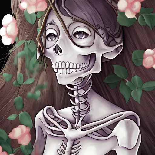 Prompt: manga fine details portrait of joyful skull girl skeleton, flowers. Death, anime by Studio Ghibli. 8k render, sharp high quality anime illustration in style of Ghibli, artstation