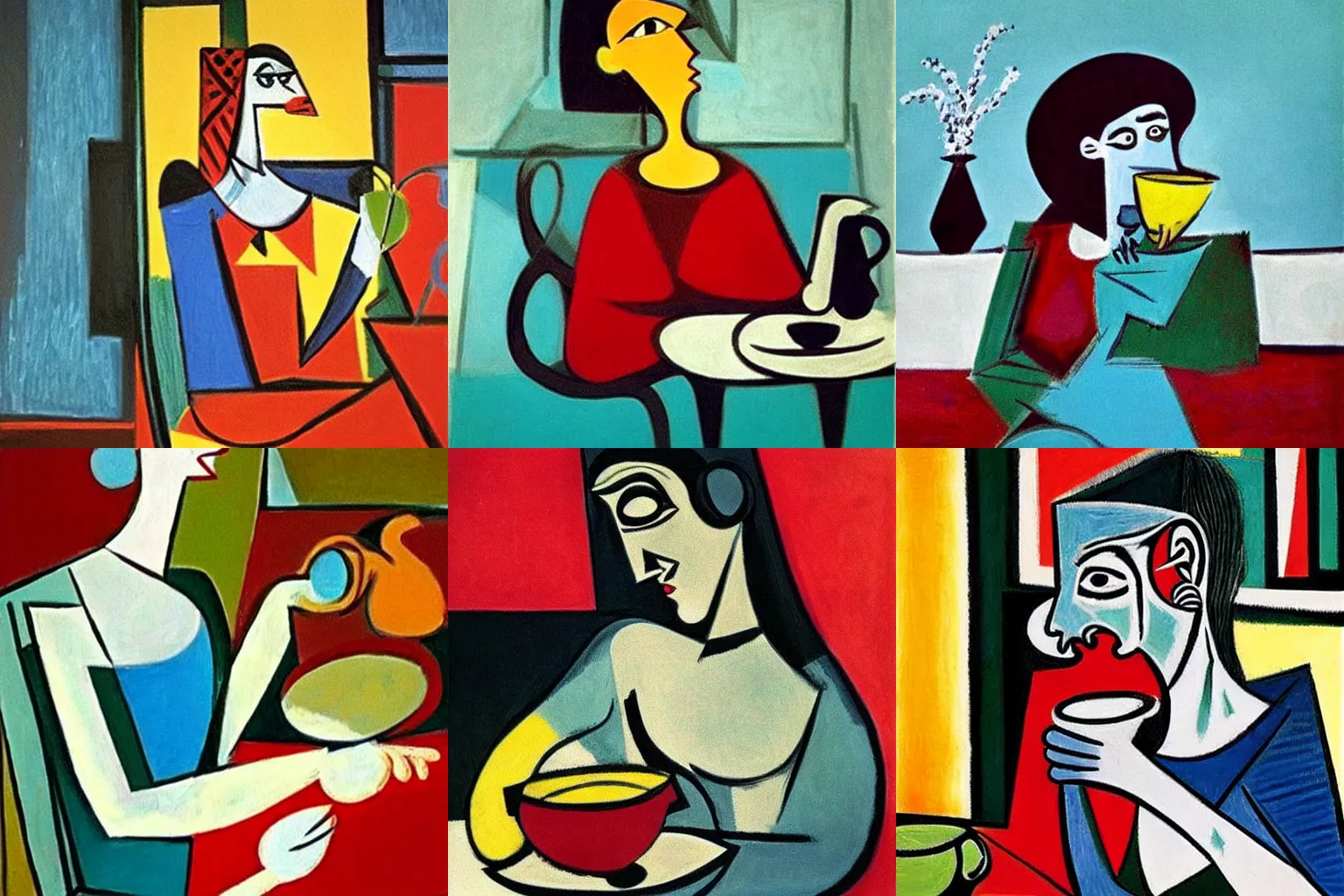 Prompt: a woman drinking tea by Pablo Picasso by Pixar!!!!!!!