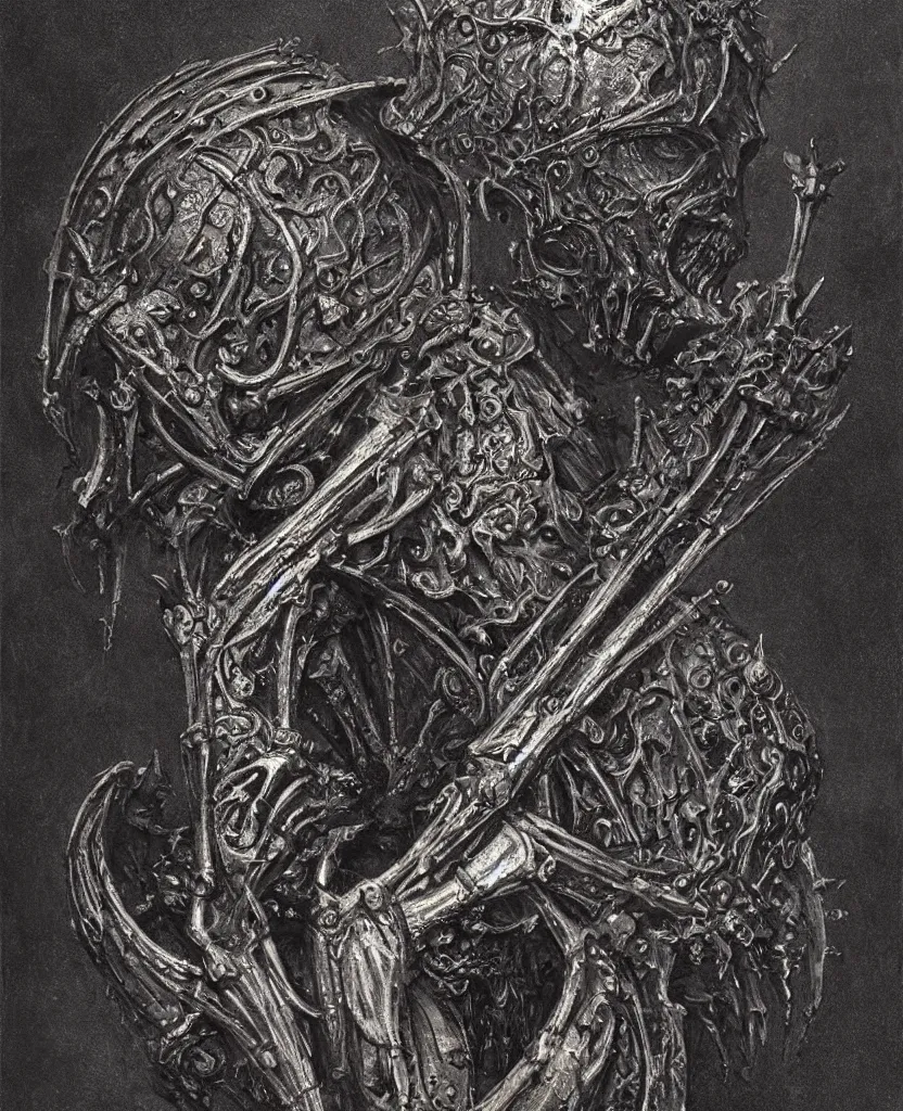 Image similar to a filigree ornamental medieval iron and black bronze helmet with skeletal features and short spikes, art by (((wayne barlowe, nicola samori))), hr giger, dmitry parkin, hedi xandt, foggy, dimly lit, artstation, oil painting,