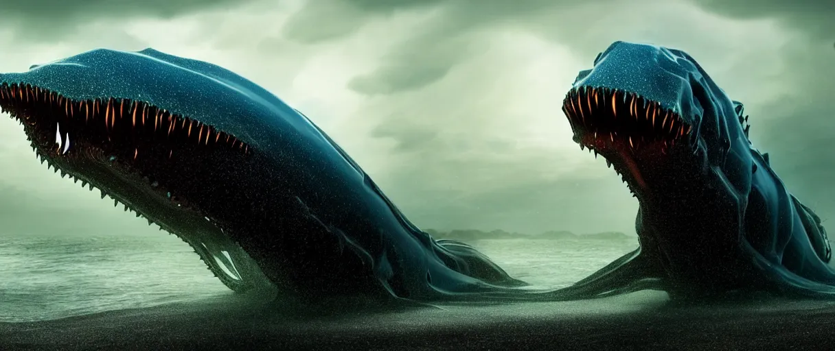 Image similar to a stunning cinematic extreme wide shot of an slick sleek smooth translucent halitrephes maasi sea monster wearing clothes made of seaweed on a dark stormy beach, with huge luminous sad eyes, sharp claws, cgsociety, hd octane render, fantasy, artstation, deviantart, furaffinity, very very clean, super smooth, thunderclouds, thunderstorm