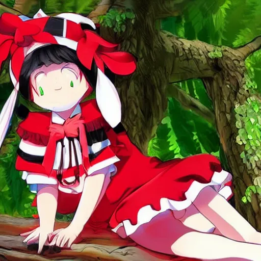 Image similar to a ponzi emiliano of reimu in the jungle wearing bonnet