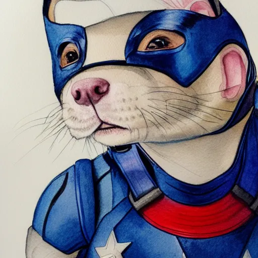 Prompt: A ferret as Captain America, Watercolour and pen