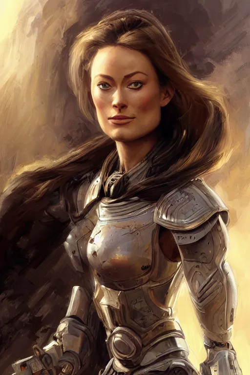 Image similar to a professional painting of a young Olivia Wilde, clothes in military armor, olive skin, long dark hair, beautiful bone structure, symmetrical facial features, intricate, elegant, digital painting, concept art, smooth, sharp focus, illustration, from StarCraft by Ruan Jia and Mandy Jurgens and Artgerm and William-Adolphe Bouguerea