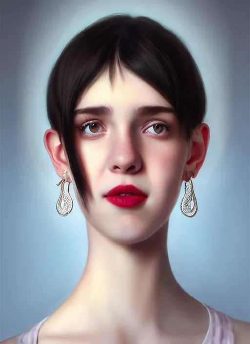 Image similar to portrait of white teenage girl, narrow face, short black hair, bangs, half updo hairstyle, buck teeth, smile, unattractive, defined jawline, long chin, wearing hair bow, earrings, intricate, elegant, glowing lights, highly detailed, digital painting, artstation, sharp focus, illustration, art by wlop, mars ravelo and greg rutkowski