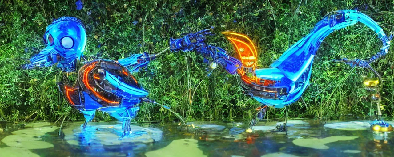 Prompt: cybernetic electric neon kingfisher close to a robotic bio organic pond full of compostables wires and bio degradable objects.