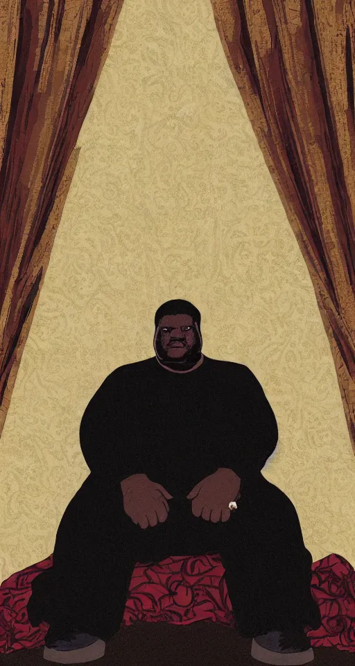 Image similar to style of frank miller, portrait of big black man sitting on throne, background made of big curtains