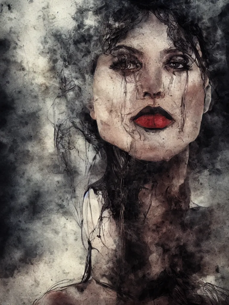 Prompt: a portrait of a beautiful young woman made of smoke and ember, high contrast, hdr, by enki bilal and daarken