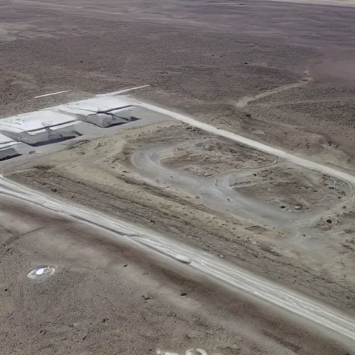 Image similar to aerial footage of Area 51, ufos parked on the ground