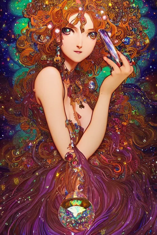 Prompt: psychedelic, intricate, highly detailed, anime, 4k, beautiful seductive woman holding a crystal containing the universe, with professional makeup, long trippy hair, surrounded by gems, underneath the stars, trending on patreon, deviantart, twitter, artstation, volumetric lighting, heavy contrast, by artgerm and Ilya Kuvshinov and alphonse mucha