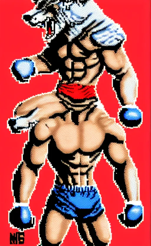 Prompt: extreme long shot. 8 bit nes graphics. antropomorphic muscular masculine wolf. kickboxer fighter in shorts. wolf head. art from nes game cartridge,