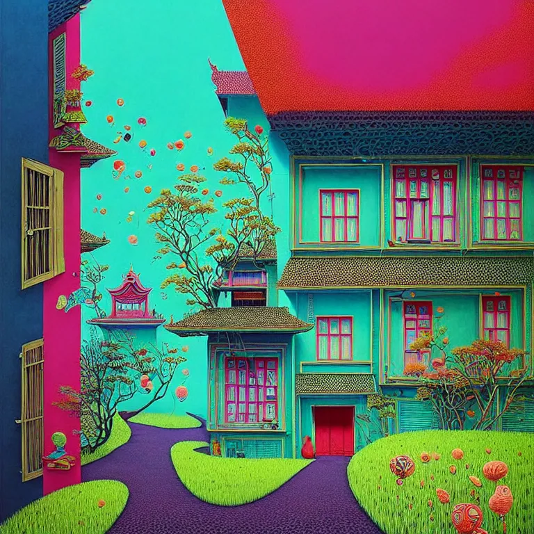 Image similar to surreal glimpse into other universe, peranakan house, summer morning, very coherent and colorful high contrast, art by!!!! gediminas pranckevicius!!!!, geof darrow, floralpunk screen printing woodblock, dark shadows, hard lighting, stipple brush technique,