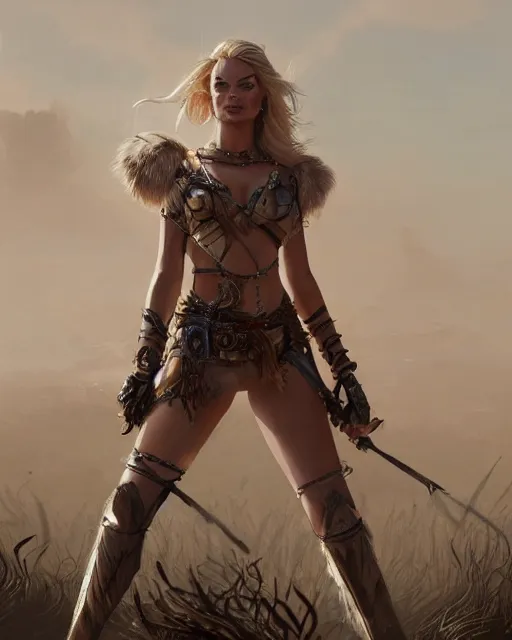 Prompt: margot robbie posing in a a desert with amazonian armor, beautiful eyes, realistic face, full body, fantasy art, in the style of greg rutkowski, illustration, epic, fantasy, intricate, hyper detailed, artstation, concept art, smooth, sharp focus, ray tracing, vibrant