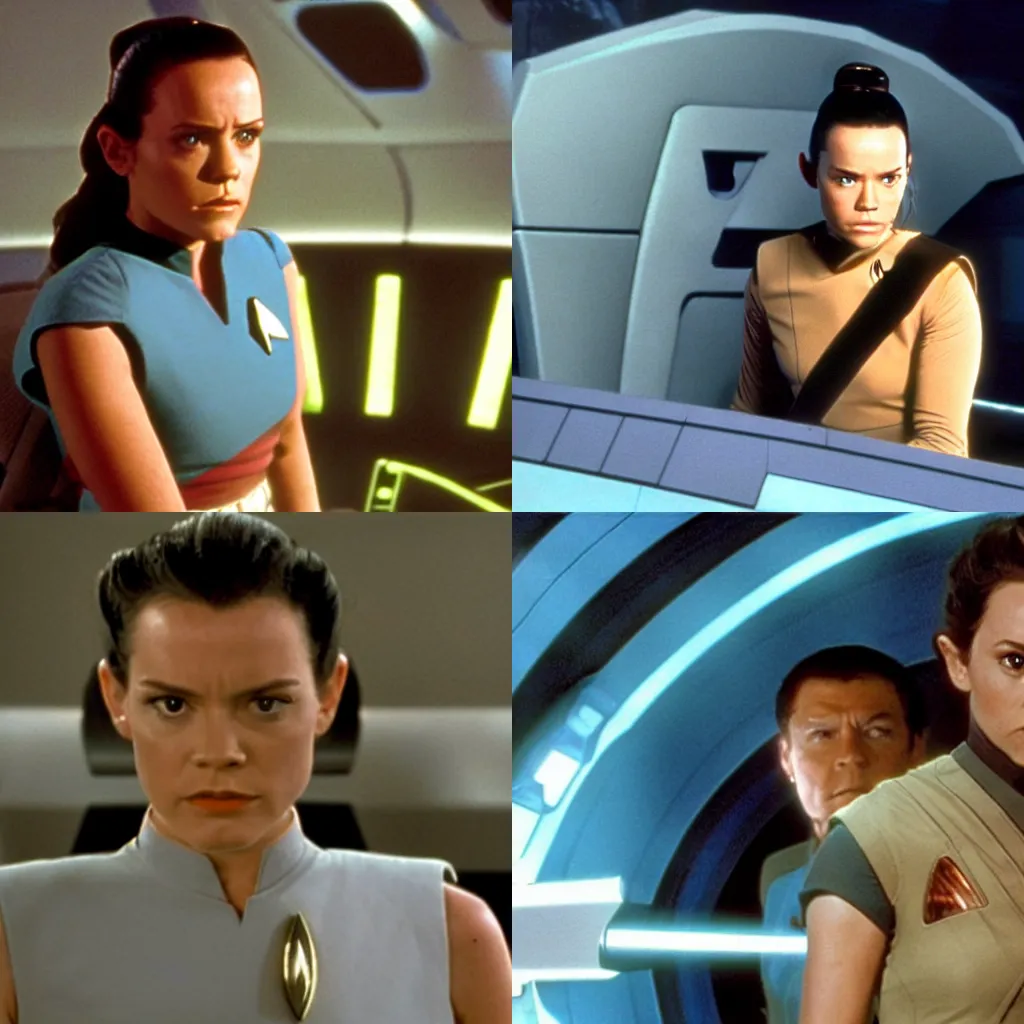 Prompt: Rey Skywalker as a captain of the starship Enterprise-D, on the bridge, tv still from Star Trek: The Next Generation