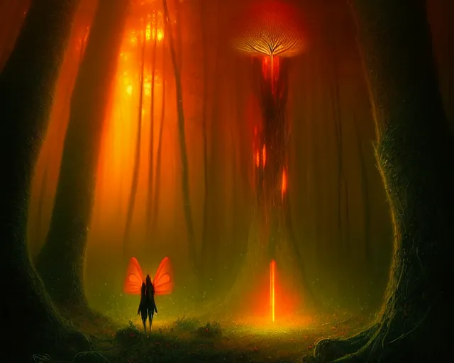 Image similar to portrait of a beautiful fairy woman standing in strange alien forest, glowing fungus, misty, red glowing horizon, fireflies, ultra high definition, ultra detailed, symmetry, sci - fi, dark fantasy, by greg rutkowski and ross tran