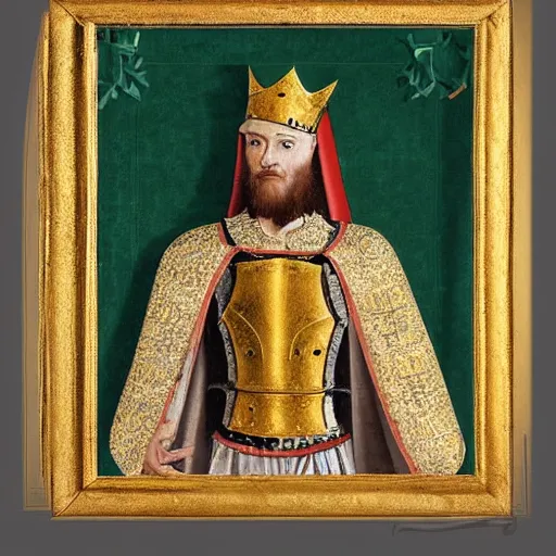Prompt: man in 15 century decorated with gold crusader armor and cape with kingdom of jerusalem insignia in renaissance art style