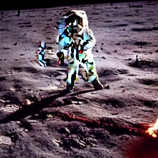 Prompt: Apollo 11 footage of astronaut playing guitar