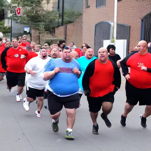 Prompt: a horde of obese men running towards a light in the darkness.