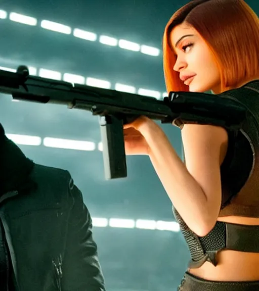 Image similar to a movie still of kylie jenner as joi aiming a gun at ryan gosling in the movie blade runner 2 0 4 9