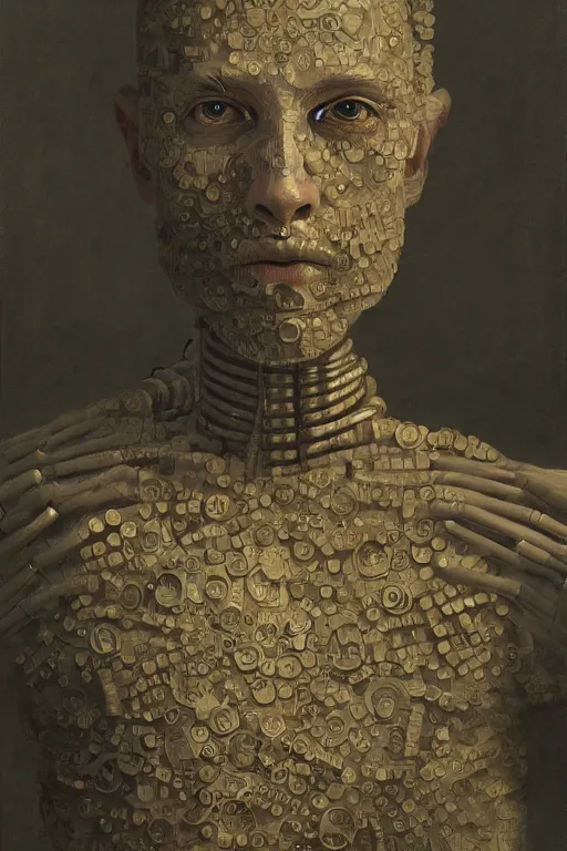 Image similar to robot monk painting a self - portrait on a canvas. intricate, highly detailed, photorealistic, film still, by vdragan bibin.