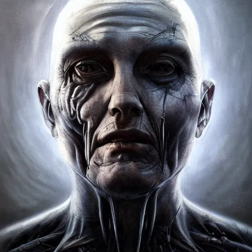 Image similar to surreal portrait of a man by Greg Rutkowski and H.R Giger, cyborg of indeterminate age, symmetrical, bald, haunting appearance, pale as marble, biomechanical and intricate, empty and uncany expression, cosmic void background, frightening, fascinating, highly detailed portrait, digital painting, artstation, concept art, smooth, sharp foccus ilustration, Artstation HQ.