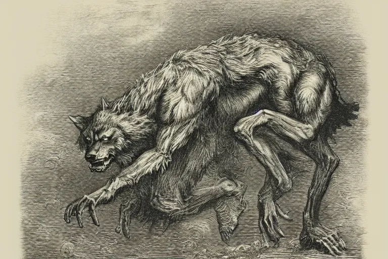 Image similar to werewolf portrait, Gustave Dore lithography