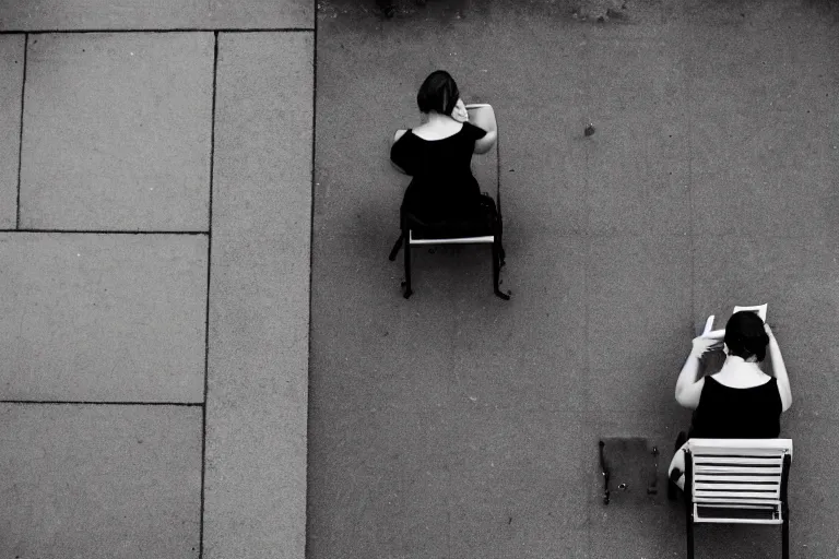 Prompt: A photograph of a woman reading a book while sitting on a bench in an empty courtyard, next to the other vacant bench, looking down from above, black and white photo.ISO200,F4.5,80mm,1/30,Nikon D3.