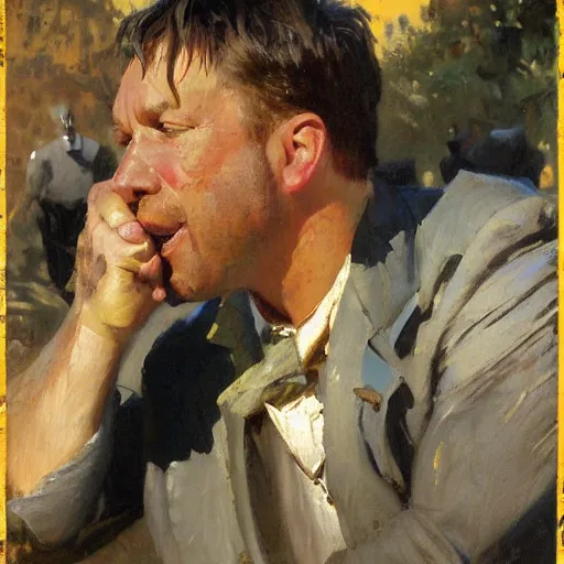 Image similar to alex jones begging for money on the side of the road, highly detailed painting by gaston bussiere craig mullins j. c. leyendecker,