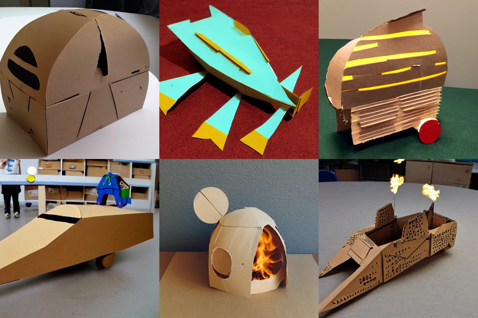 Prompt: spaceship made of cardboard, cardboard on fire