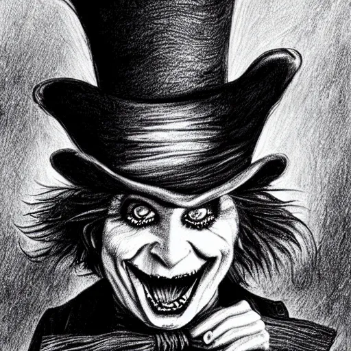 Image similar to horrifying charcoal drawing of the mad-hatter-willie-wonka-babadook