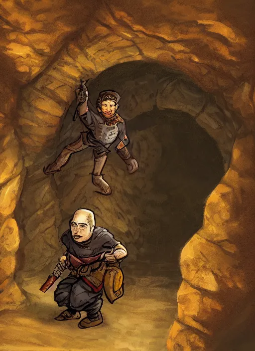 Image similar to A fantasy comic book roleplaying game style portrait painting of a halfling thief sneaking in a cavern, DAZ, hyperrealistic, ambient light, dynamic light