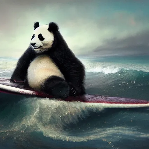 Image similar to a panda on a surf board, high detail, dramatic light, digital art, painted by seb mckinnon, painted by greg rutkowski, trending on artstation