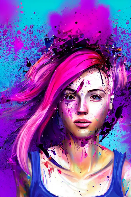 Image similar to a award winning half body porttrait of a beautiful woman in a croptop and cargo pants with ombre purple pink teal hairstyle with head in motion and hair flying, paint splashes, splatter, outrun, vaporware, shaded flat illustration, digital art, trending on artstation, highly detailed, fine detail, intricate