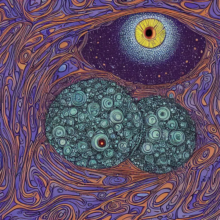 Prompt: an illustration of a giant eye surrounded by many strange things, a comic book panel by jean giraud moebius, behance, psychedelic art, salvia, tesseract, lovecraftian, cosmic horror