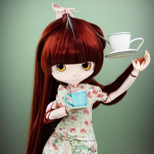 Prompt: delightfully beautiful anime style doll drinking tea