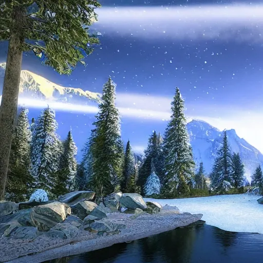 Image similar to « mountain in the background with snow on the top of it, a river in the middle ground, trees, a bear near a tree, glowing light, photorealistic, unreal engine 5, sharp focus, some rocks in the river, some birds in the sky, and a small woody house on the right far »