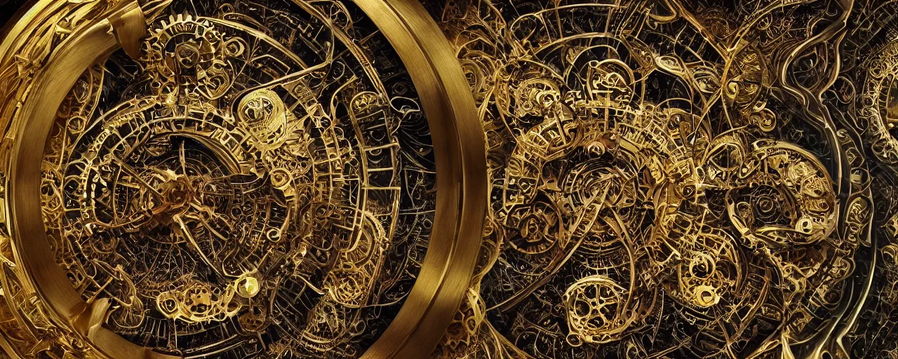 Prompt: intricated layered golden clockwork machine with cogs, super detailed, by karol bak, jean deville, gustav klimt, and vincent van gogh, otherworldly, fractal structures, arcane, clockface, spiral clock, inscribed runes, ornate gilded cosmic machine, spirals, featured on cgsociety, unreal engine