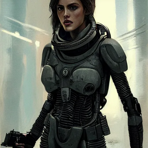 Image similar to portrait of a woman by greg rutkowski, eiza gonzalez as a weyland - yutani mercenary, from aliens franchise, she is about 3 0 years old, military composure, wearing white and black colored tactical gear, highly detailed portrait, digital painting, artstation, concept art, smooth, sharp foccus ilustration, artstation hq