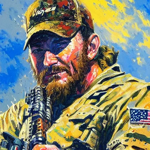 Image similar to chris kyle by leroy neiman, intricate, ultra detailed painting, atmospheric lighting, golden hour