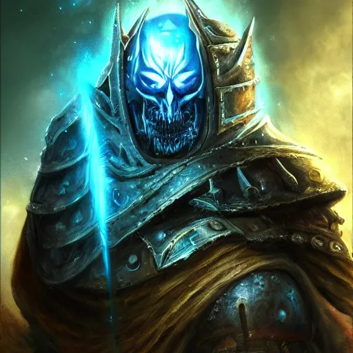 Prompt: the lich king, artstation hall of fame gallery, editors choice, #1 digital painting of all time, most beautiful image ever created, emotionally evocative, greatest art ever made, lifetime achievement magnum opus masterpiece, the most amazing breathtaking image with the deepest message ever painted, a thing of beauty beyond imagination or words