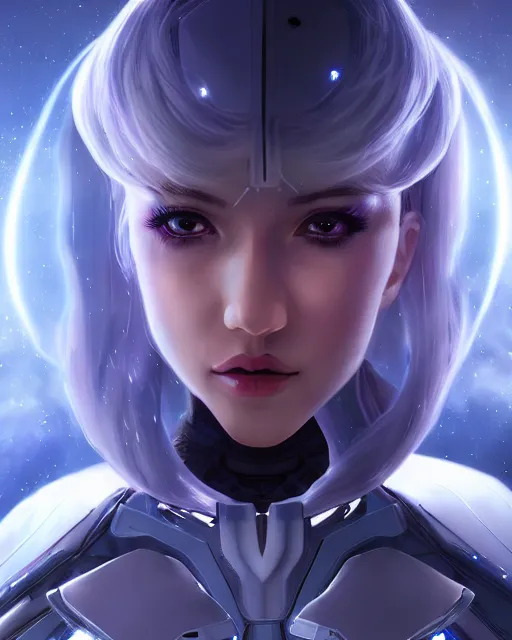 Image similar to perfect android girl on a mothership, warframe armor, beautiful face, scifi, futuristic, galaxy, nebula, raytracing, dreamy, long white hair, blue cyborg eyes, sharp focus, cinematic lighting, highly detailed, artstation, divine, by gauthier leblanc, kazuya takahashi, huifeng huang