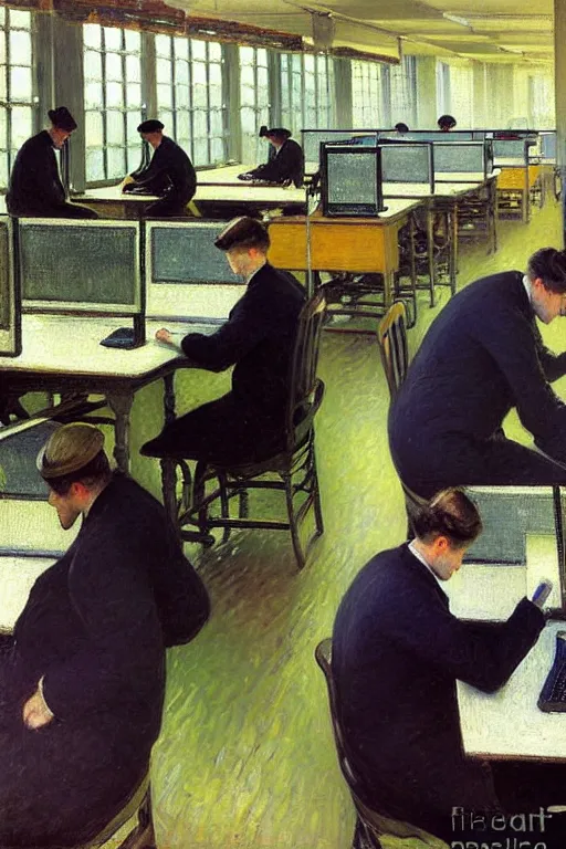 Image similar to oil painting highly detailed computer workers in office painted by gustave caillebotte, impressionism