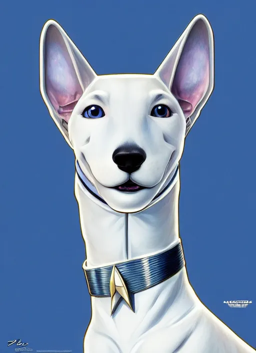 Image similar to cute star trek officer white greyhound, natural lighting, path traced, highly detailed, high quality, digital painting, by don bluth and ross tran and studio ghibli and alphonse mucha, artgerm