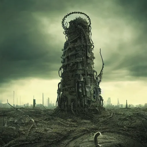 Image similar to giant evil bio-organic fleshy complex machine tower with tendrils and one eyeball at the top looking over a stormy post-apocalyptic wasteland, dystopian art