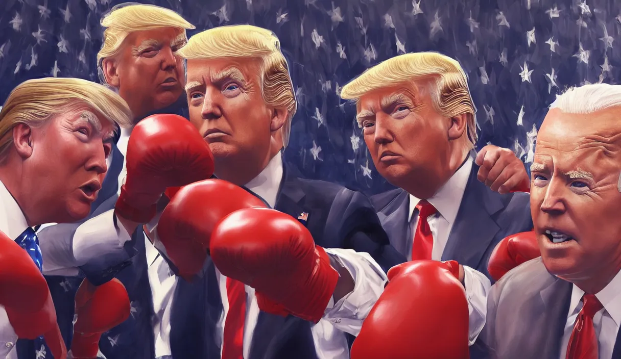 Image similar to a beautiful painting of donald trump and joe biden in a boxing match, cinematic angle, studio lighting, movie concept, trending on artstation, octane render, 8 k, ultra high detail