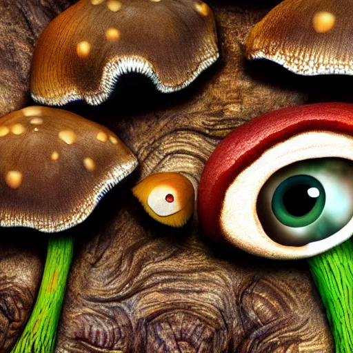 Image similar to macro photo with a mushroom character with cute eyes and mycelium, very close to real nature, natural colors and natural surroundings, painted patterns and coloring on mushrooms, 8K, highly detailed, cartoon